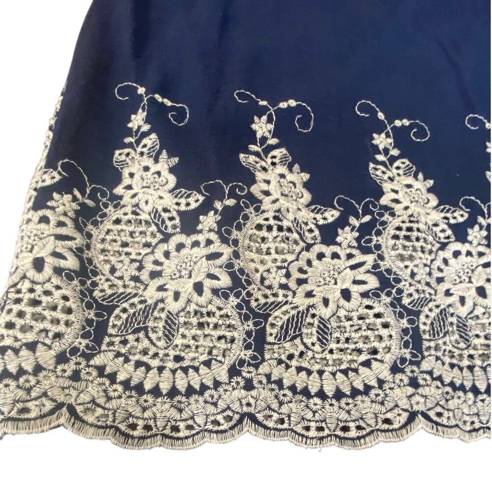 Orange Creek Navy Blue Sleeveless Dress L Embroidered Lace Hem 100% Cotton USA - Picture 2 of 6